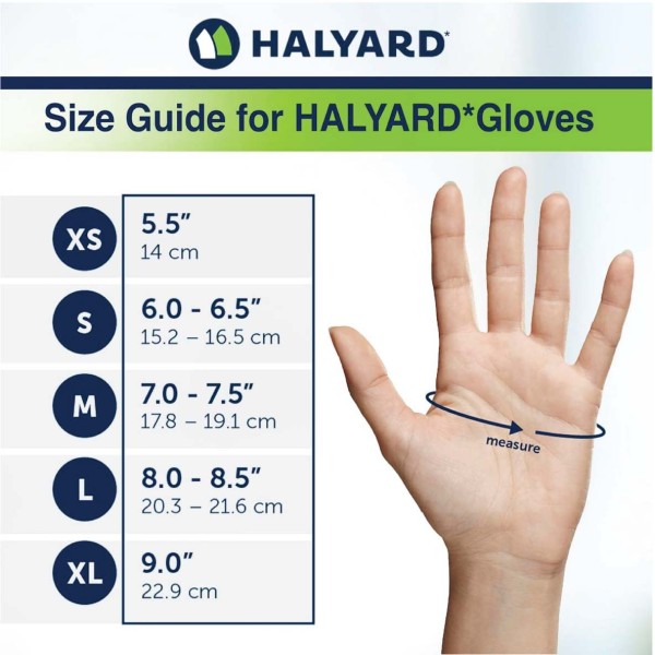 Gants d'examen en Nitrile - Non poudrés - Halyard Sterling - guide taille