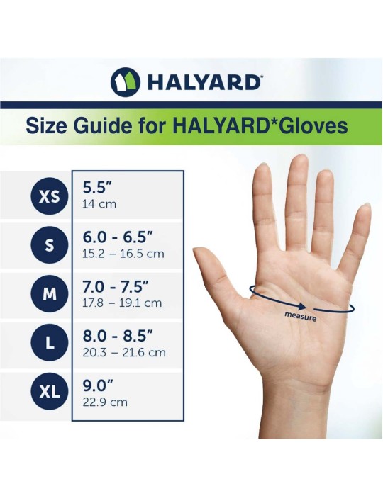 Gants d'examen en Nitrile - Non poudrés - Halyard Sterling - guide taille