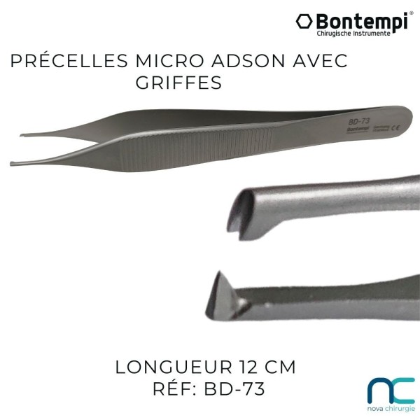 Pince micro Adson avec griffes - 12cm - BD-73