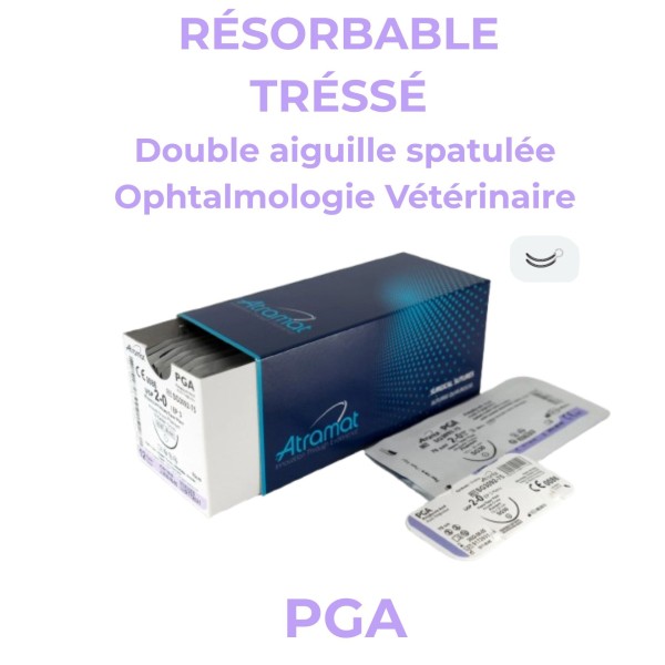 PGA ophtalmo résorbable tressé double aiguille spatulée vétérinaire